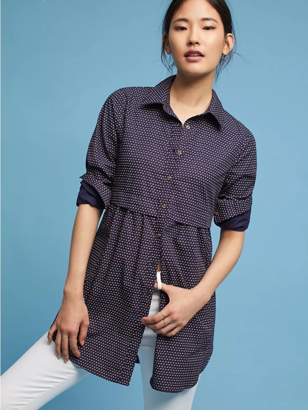 Anthropologie Maeve Polka Dot Tunic Blouse Cotton Button Front XS - Picture 2 of 11